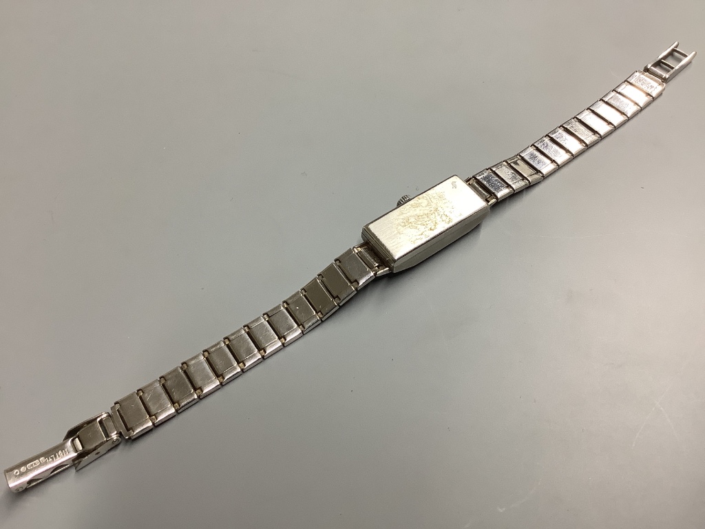 A lady's 1960's 9ct white gold Clear manual wind cocktail wrist watch, on a 9ct white gold bracelet, overall 17cm
